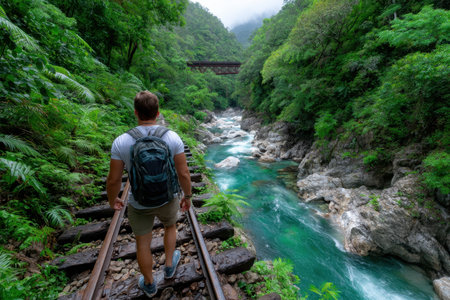 A man walks along old train tracks next to a vibrant river, surrounded by dense greenery and fog.の素材