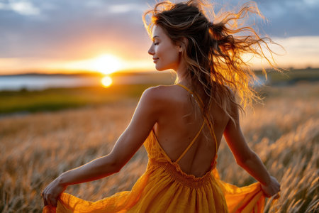 A woman stands in a golden field, revealing in the beauty of the sunset while wearing a yellow dress.の素材