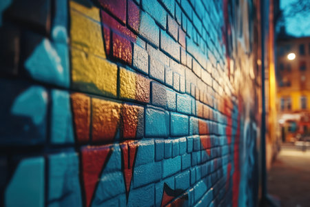 Colorful graffiti covers a brick wall, creating a lively atmosphere in the urban area at sunset.の素材