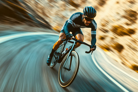 A skilled cyclist navigates a curved mountain road, showing agility and speed in golden afternoon light.の素材