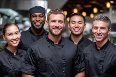 Group of five chefs gathering in a bustling kitchen, showing teamwork and culinary passion during dinner preparation.の素材