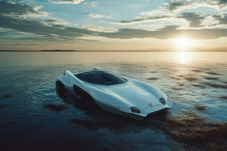 A sleek, modern car is partially submerged in tranquil waters at sunset, creating a striking silhouette against the sky.の素材