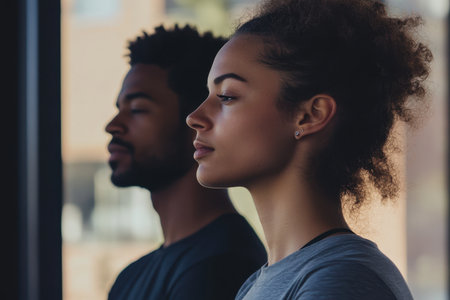 Two individuals practice mindfulness side by side, enjoying a peaceful moment in a bright environment.の素材