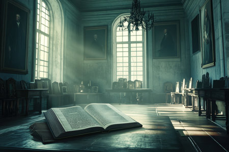 Sunlight filters through large windows onto an open book resting on a wooden desk in a quiet library.の素材