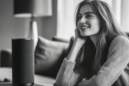 A woman smiles while engaging with a smart speaker in a cozy living room during the day.の素材