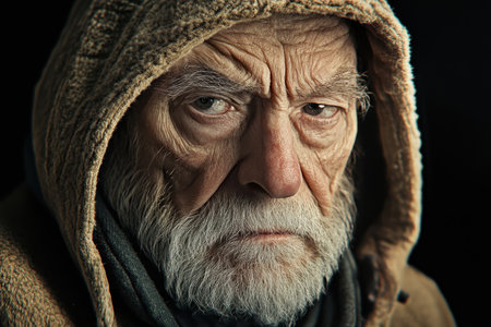 An elderly man gazes intensely with deep lines on his face, draped in a hooded garment in low light.の素材