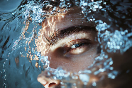 Eye emerges from water, showing intriguing details and ripples, reflecting sunlight's sparkle.の素材