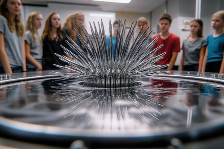 A group of students gather around a table focused on observing magnetic field interactions with ferrofluid.の素材