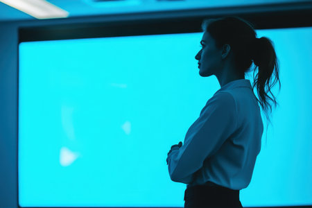 A woman in formal attire silently observes a presentation displayed on a large blue screen.の素材