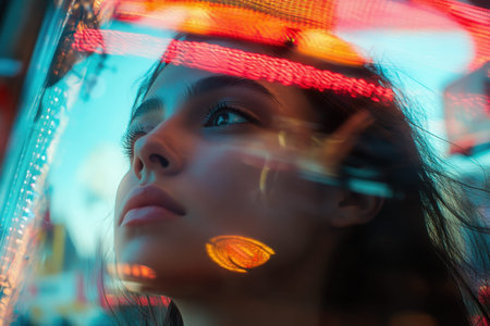 A young woman reflects while looking out through a window adorned with colorful city lights.の素材