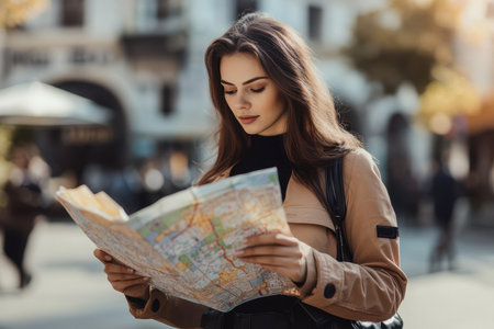 A young woman is studying a map while standing outdoors in a city filled with beautiful buildings and warm sunlight.の素材