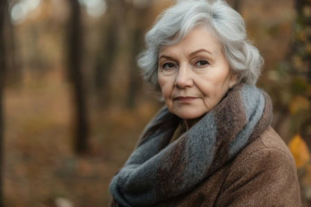 A woman with gray hair is walking through a tranquil forest, surrounded by colorful autumn leaves.の素材