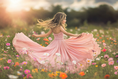 A young girl with long hair twirls in a vibrant flower field as the sun sets, creating a magical atmosphere.の素材