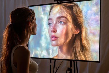 A young woman gazes thoughtfully at stunning digital art displayed on a screen, surrounded by soft lighting.の素材