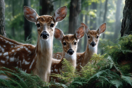 Three spotted deer are peeking out from behind ferns in a serene forest setting, showing natural curiosity.の素材