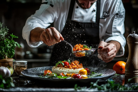 A chef skillfully garnishes a sophisticated dish with vibrant ingredients, showcasing culinary artistry.の素材