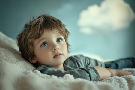 A young boy with light brown hair lays on a cozy surface, looking up with a thoughtful expression.の素材