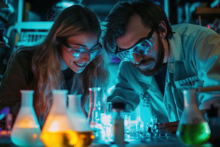 Two scientists focus intently on their work, observing vibrant reactions under laboratory lights at night.の素材