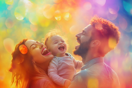 A couple joyfully shares a moment with their smiling baby amidst a colorful background on a sunny afternoon.の素材