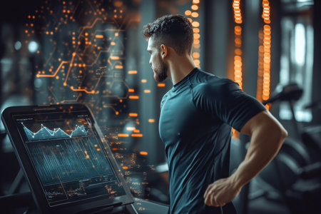 A man in athletic attitude reviews performance metrics on a treadmill after an intense workout session.の素材