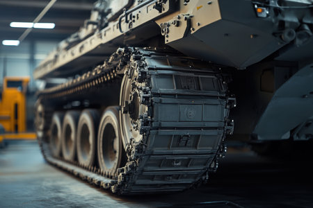Close view of a tank's track system inside a military workshop, showing sturdy construction and engineering.の素材