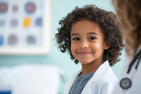 A cheerful child in a lab coat smiles while interacting with a healthcare professional in a clinic.の素材