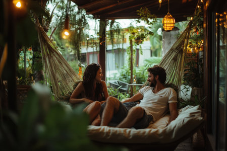 Two people relax in a hammock under warm lights, surrounded by lush plants as dusk falls, creating a cozy atmosphere.の素材