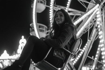A young girl sits happily on a ride, surrounded by bright lights of a ferris wheel at night.の素材