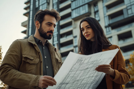 Two individuals examine a construction blueprint in a city environment surrounded by modern buildings.の素材