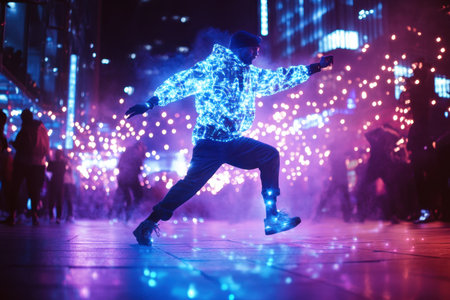A dancer wearing a light-up jacket performs energetically in a city filled with bright lights.の素材