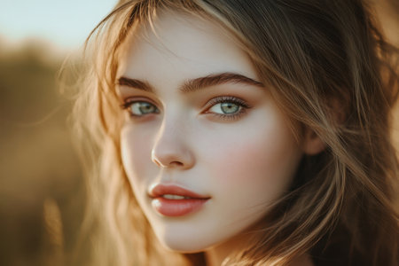 Close-up of a young woman with captivating blue-green eyes against a warm, golden sunset background.の素材