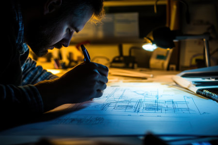 A man concentrates deeply as he sketches detailed architectural plans under warm task lighting in a cluttered desk area.の素材