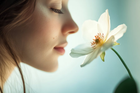 A woman gently touches a flower, taking in its beauty with a calm expression in bright, soft light.の素材