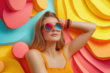 Young woman poses confidently against a vibrant, multi-colored background, showing her trendy sunglasses.の素材