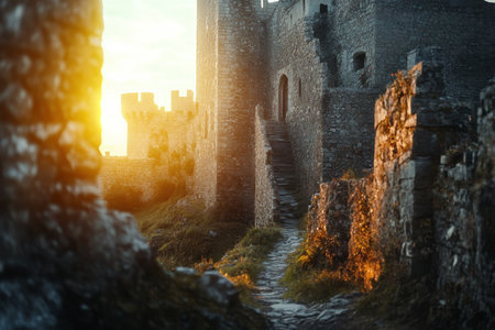 Sunlight bathes ancient castle ruins, highlighting stones and a winding path in a calm evening setting.の素材