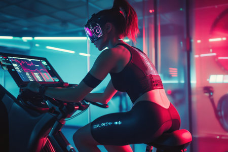 A woman engages in an intense cycling session while wearing virtual reality gear in a stylish gym setting.の素材