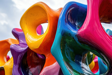 Brightly colored abstract sculptures intertwine in the open air, showcasing artistry and creativity under the sky.の素材