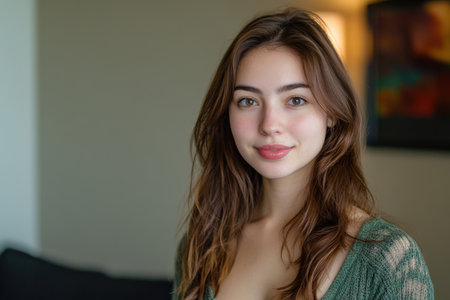 A cheerful woman with flowing hair stands in a softly lit room, exuding warmth and friendliness.の素材