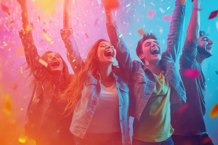 Group of four friends joyfully celebrating at a colorful party, surrounded by flying confetti.の素材