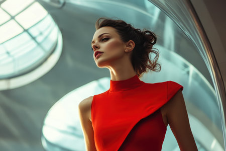 A stylish model stands confidently, showing a bold red dress beneath an intricate skylight.の素材