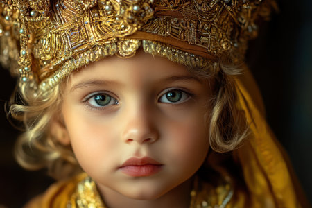 A child with striking blue eyes wears a beautifully detailed golden crown and outfit, exuding innocence.の素材