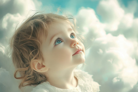 A curly-haired child with bright blue eyes gazes at fluffy clouds, filled with wonder and curiosity.の素材