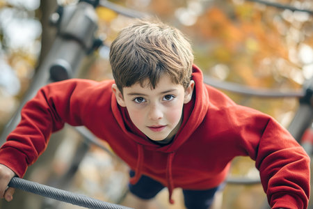 A boy in a red hoodie explores a climbing structure as colorful leaves surround him in a park.の素材