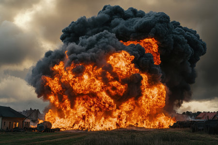 Fire engulfs a field in a rural area, producing intense flames and thick smoke during sunset.の素材
