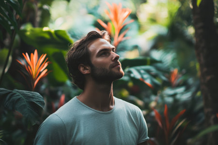 A man stands serenely in a lush garden, looking up with a contemplative expression surrounded by green foliage.の素材