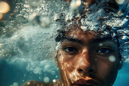 A boy swims beneath the surface, light refracting through bubbles and illuminating his focused expression.の素材