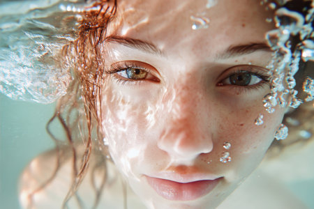 A person with curly hair and freckles floats underwater, bubbles rising around them, creating a serene atmosphere.の素材