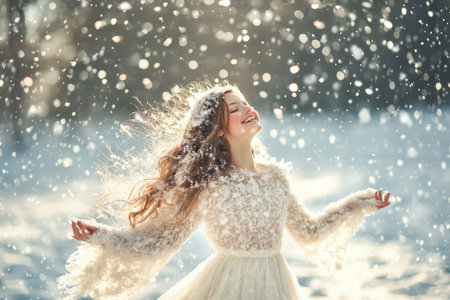 A girl in a white dress twirls in falling snow, her hands outstretched as she embraces the winter wonderland.の素材