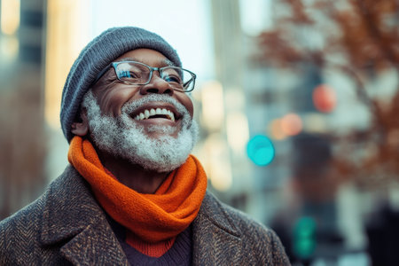 An elderly man with glasses enjoys a sunny day, wearing a gray hat and bright orange scarf while smiling.の素材