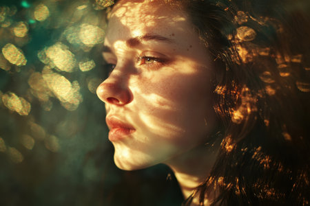 A young woman gazes thoughtfully with sunlight creating beautiful reflections on her face, showing serene beauty.の素材